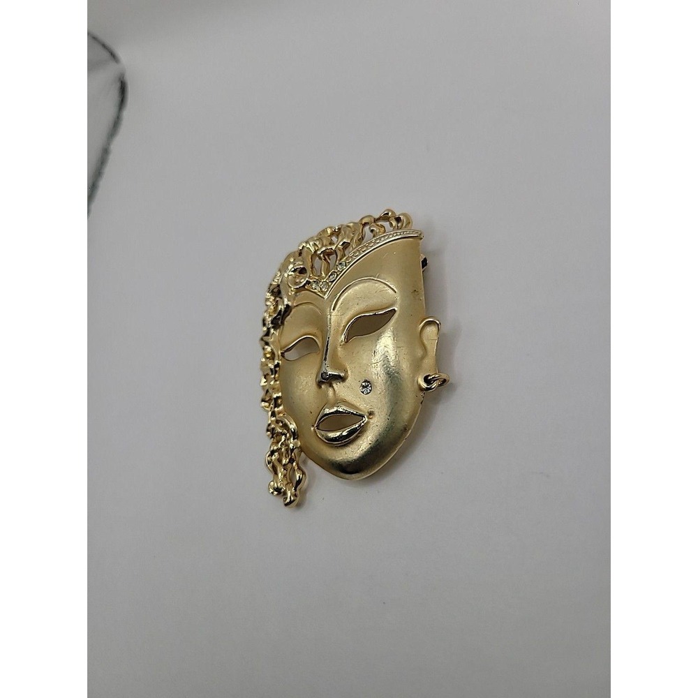 Vintage Gold Tone Drama Mask Brooch pin Rhinestone Beauty Mark Theatrical Face - Picture 4 of 10